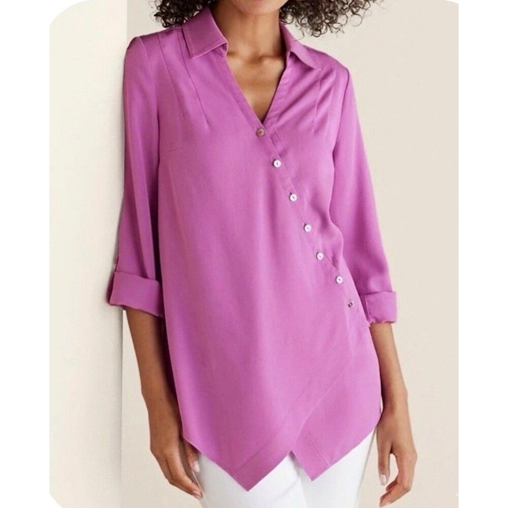 NWT Soft Surroundings Asymmetrical Button Up Washed Tencel Tunic Top Pink L $98
